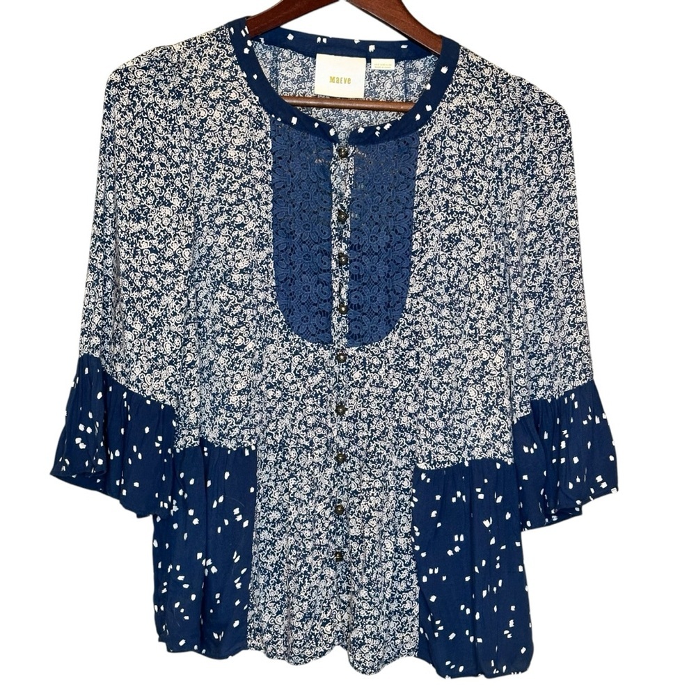 (Sold)ANTHROPOLOGIE MAEVE Hiver Peasant Blue Blouse Lace Detail Size 2 - Picture 2 of 9